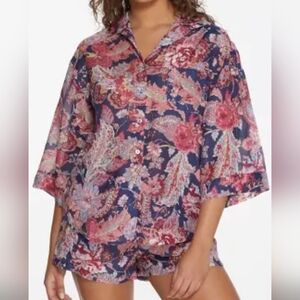 Papinelle Ella Woven Silk Cotton Floral ¾ Sleeve Button-Up Top Size XS